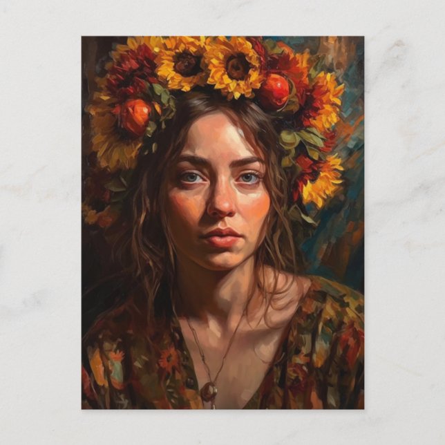 A Beautiful Woman With Sunflowers in Her Hair Postcard (Front)