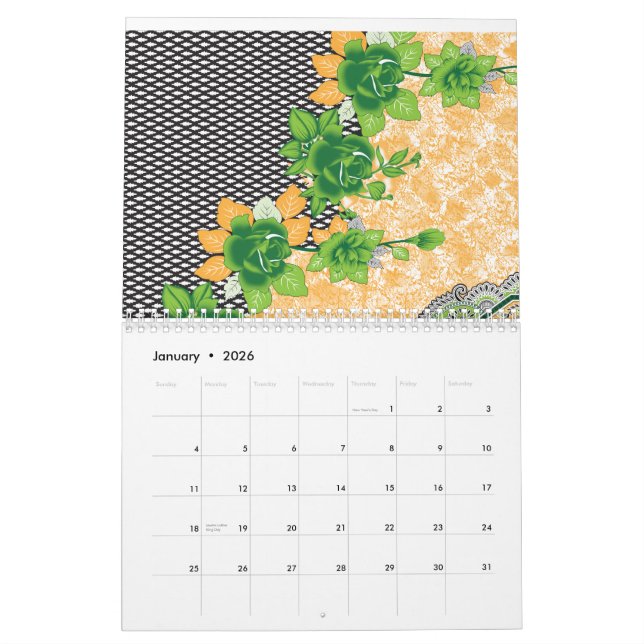 A beautifully crafted pattern of green and orange  calendar (Jan 2026)