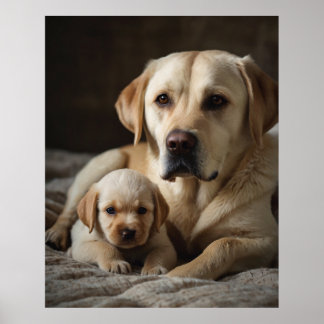 A beige Labrador Female Holding A Newborn Puppy  Poster