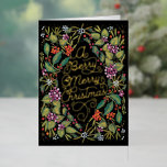 A Berry Merry Christmas Foil Holiday Card<br><div class="desc">Original illustration by Becky Nimoy. Real foil details on the outside; choose from gold,  rose gold or silver foil; background colour (black) is also editable</div>