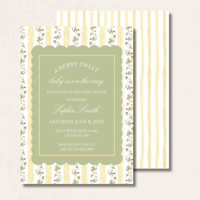 A berry sweet baby is on the way sage green border invitation (Creator Uploaded)