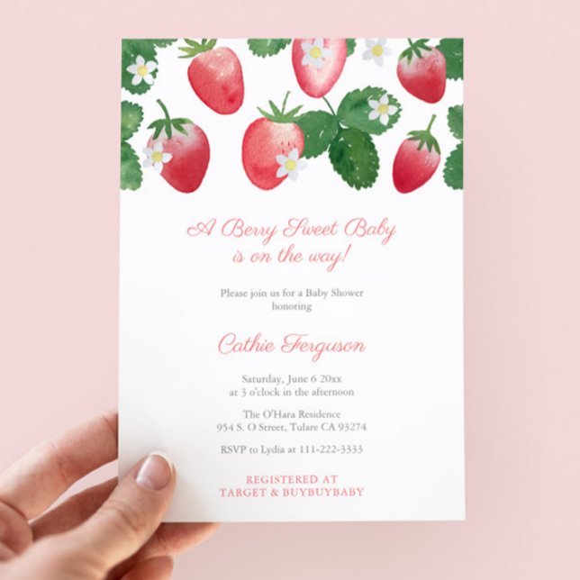 A Berry Sweet Baby Is On The Way Strawberry Shower Invitation (A berry sweet baby Strawberries themed baby shower invitation design, with pink white buffalo check)