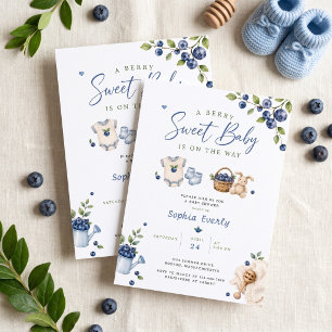 A Berry Sweet Blueberry Cute Blue Watercolor Invitation