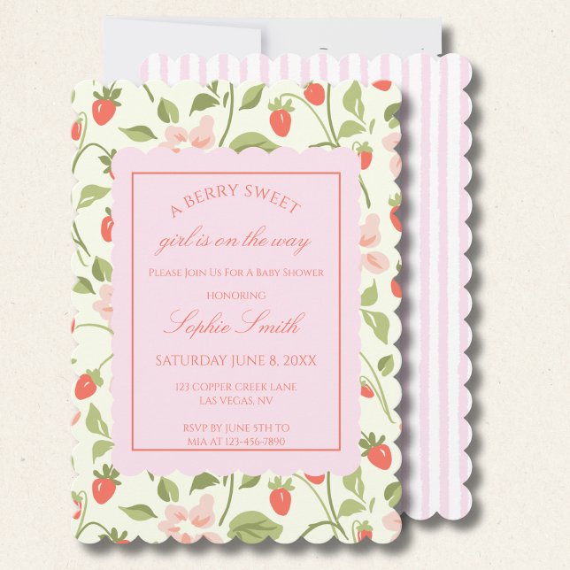 A berry sweet girl strawberry scalloped invitation (Creator Uploaded)