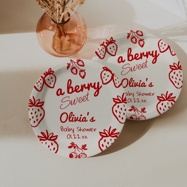 A Berry Sweet Hand Drawn Strawberries Baby Shower Paper Plate (Creator Uploaded)