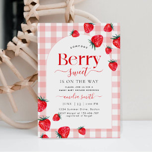 A Berry Sweet Red Pink Strawberry Baby shower Invitation