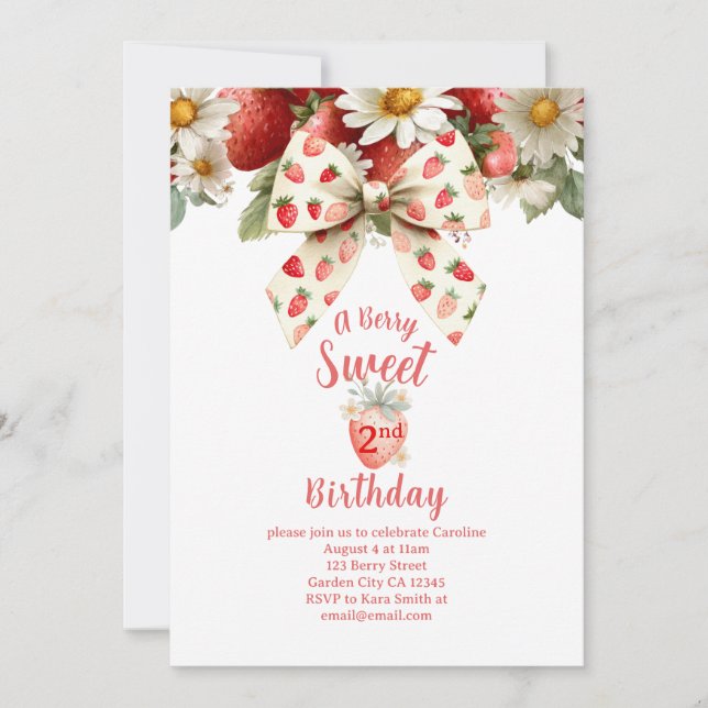 A Berry Sweet Strawberry Second Birthday Invitation (Front)