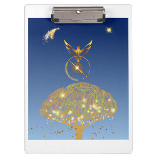 A bird flying over a golden tree clipboard