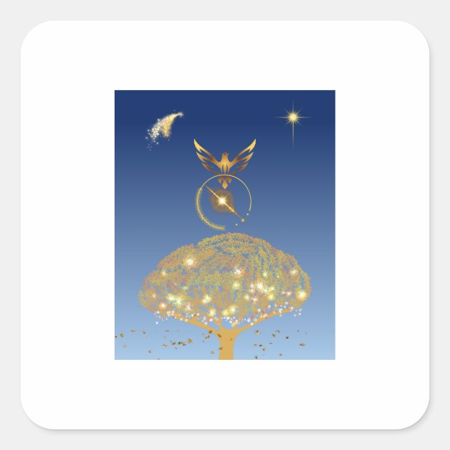 A bird flying over a golden tree square sticker (Front)