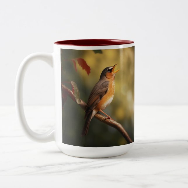 A bird singing in the morning Two-Tone coffee mug (Left)
