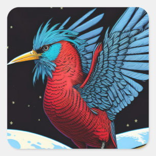 A bird with a stick in space square sticker