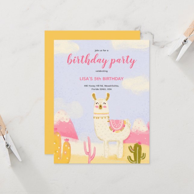 A birthday invitation with a lama. (Front/Back In Situ)