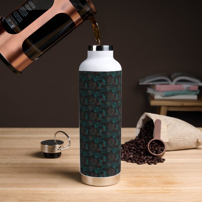 a black and green pattern with a black background water bottle (Coffee)