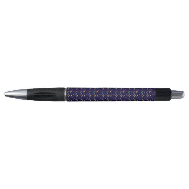 A black and silver pen with a decorative purple  (Front)