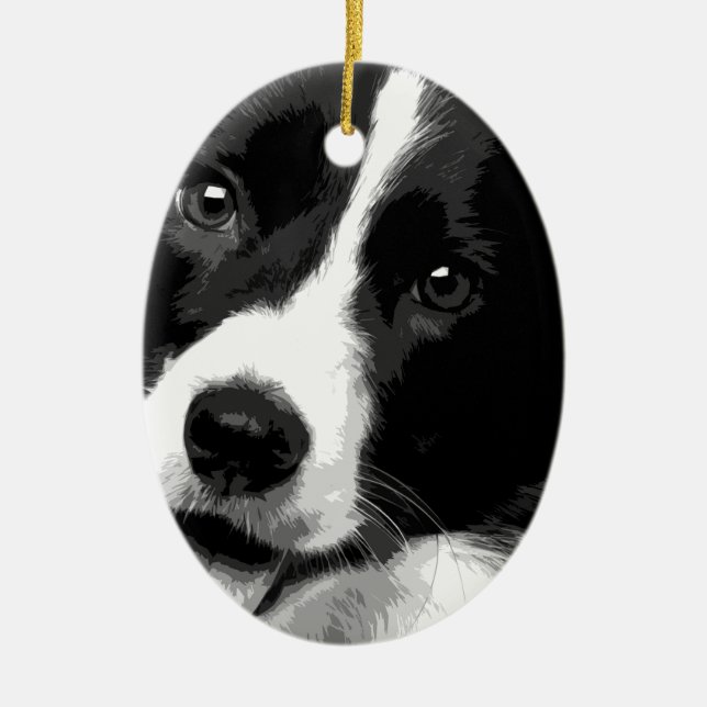 A black and white Border collie Ceramic Tree Decoration (Front)
