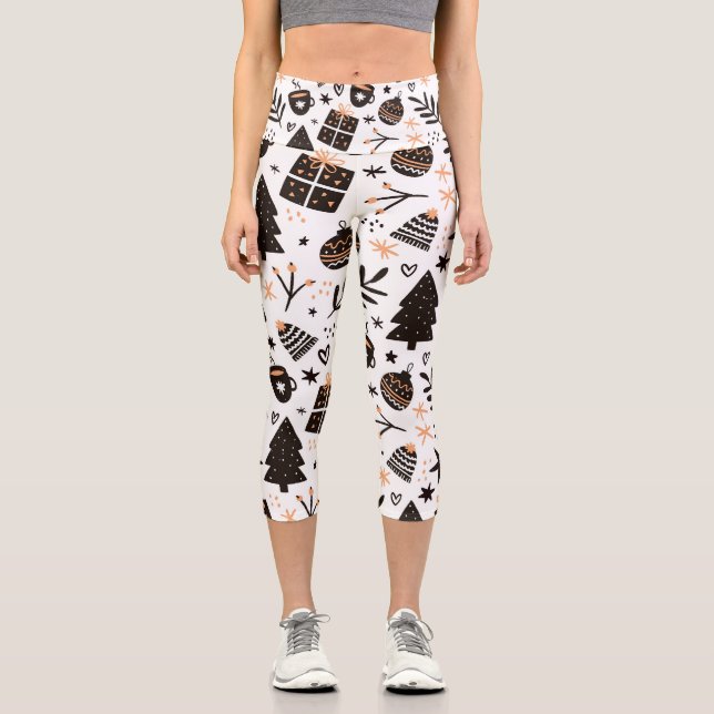 A Black and White Christmas Pattern Capri Leggings (Front)