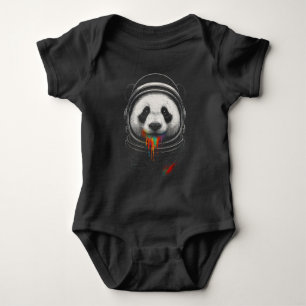 A black and white panda bear wearing a space suit baby bodysuit