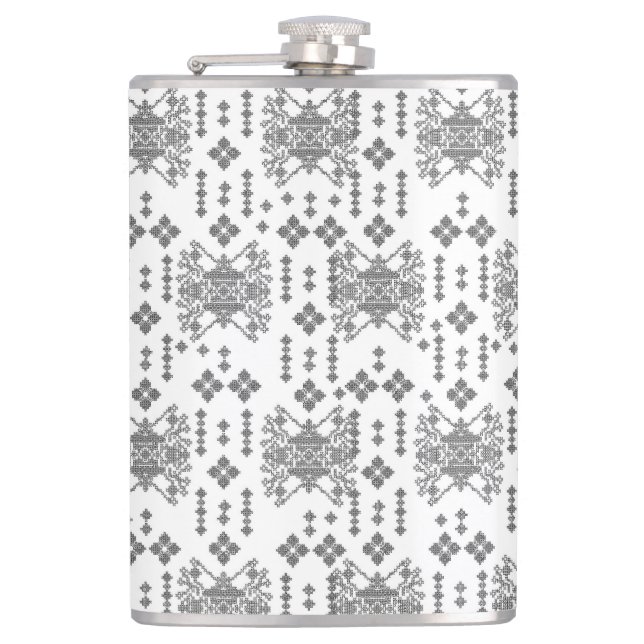 a black and white pattern with a white background hip flask (Front)