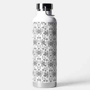 a black and white pattern with a white background water bottle