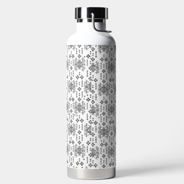 a black and white pattern with a white background water bottle (Left)