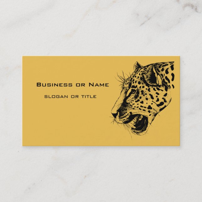 A Black and Yellow Hand Drawn Leopard Illustration Business Card (Front)