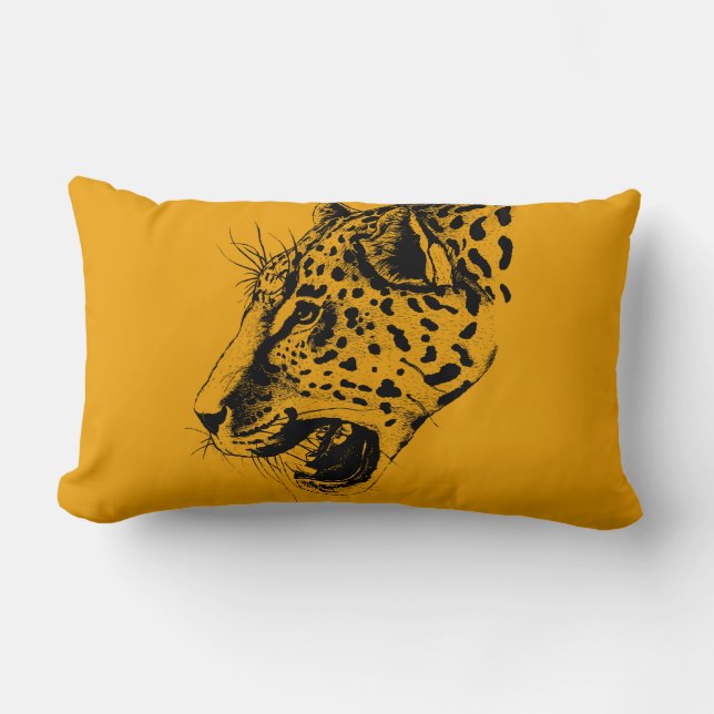 A Black and Yellow Hand Drawn Leopard Illustration Lumbar Cushion (Front)