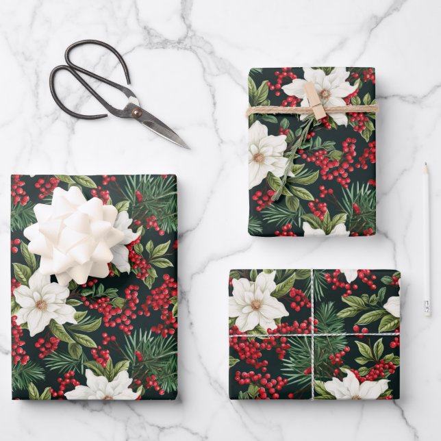 A black background with white flowers and red berr wrapping paper sheet (Front)