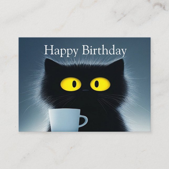 A Black Cat and a Warm Mug Birthday Card (Front)