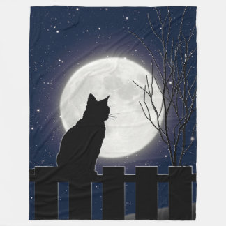 A Black cat and full moon, navy sky Fleece Blanket