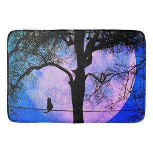 A Black Cat on a Wire Full Moon Bath Mat