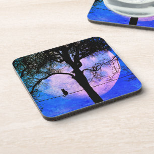 A Black Cat on a Wire Full Moon Coaster