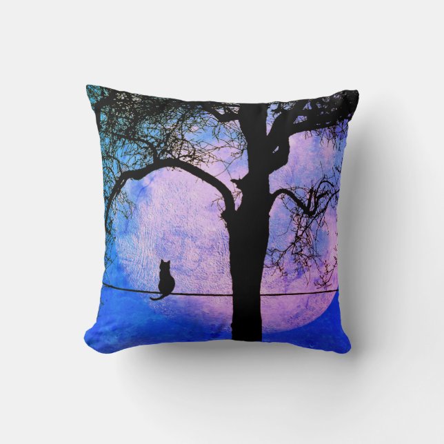 A Black Cat on a Wire Full Moon Cushion (Front)