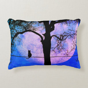A Black Cat on a Wire Full Moon Decorative Cushion