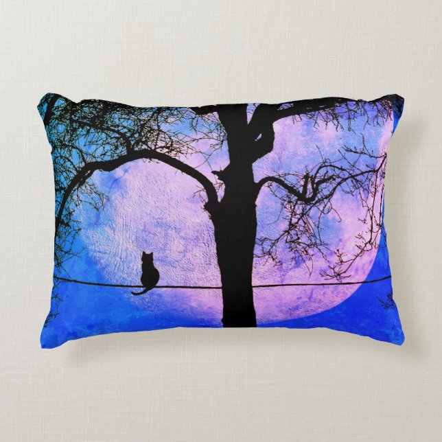 A Black Cat on a Wire Full Moon Decorative Cushion (Front)