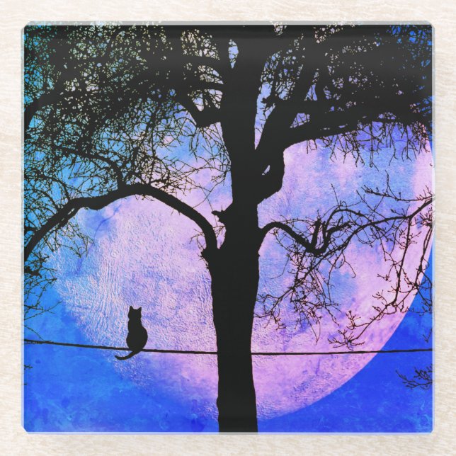 A Black Cat on a Wire Full Moon Glass Coaster (Front)