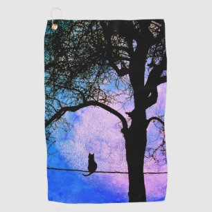 A Black Cat on a Wire Full Moon Golf Towel