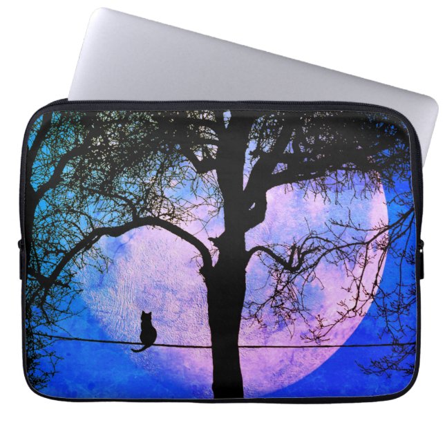 A Black Cat on a Wire Full Moon Laptop Sleeve (Front)