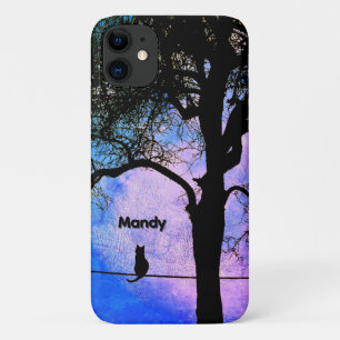 A Black Cat on a Wire Full Moon Name Case-Mate iPhone Case