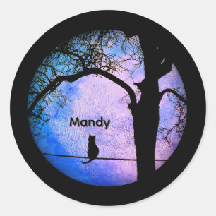 A Black Cat on a Wire Full Moon Name Classic Round Sticker