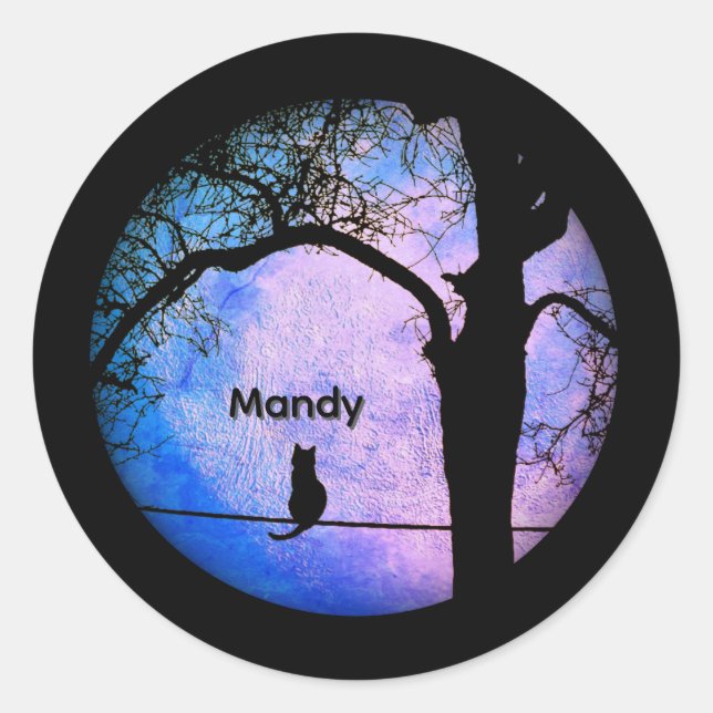 A Black Cat on a Wire Full Moon Name Classic Round Sticker (Front)