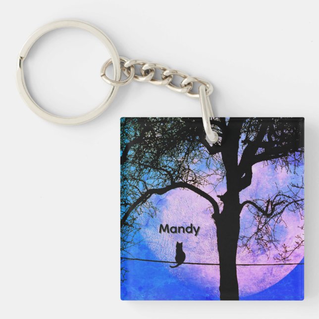 A Black Cat on a Wire Full Moon Name Key Ring (Front)
