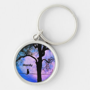 A Black Cat on a Wire Full Moon Name Key Ring