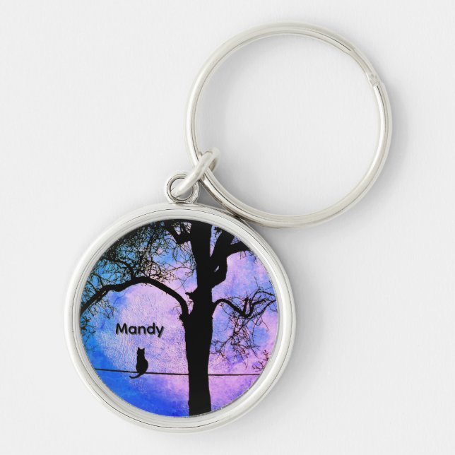 A Black Cat on a Wire Full Moon Name Key Ring (Front)