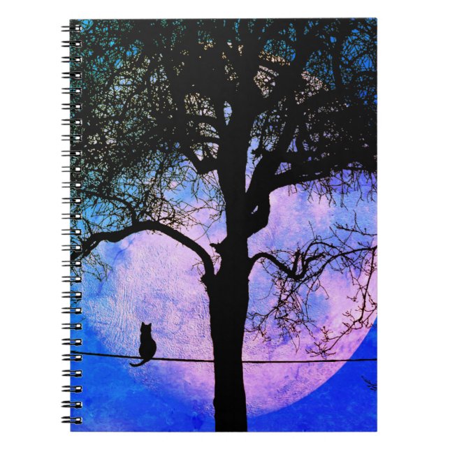 A Black Cat on a Wire Full Moon Notebook (Front)