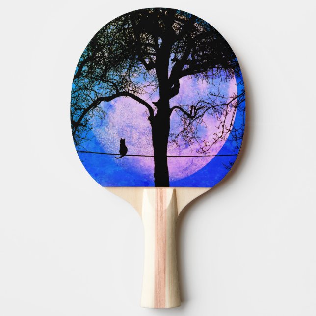 A Black Cat on a Wire Full Moon Ping Pong Paddle (Front)
