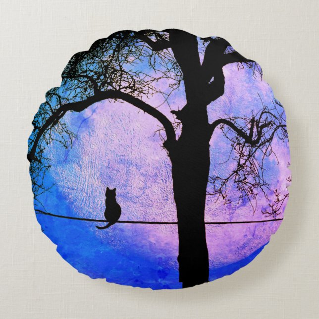 A Black Cat on a Wire Full Moon Round Cushion (Front)