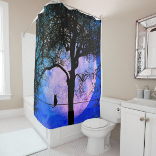 A Black Cat on a Wire Full Moon Shower Curtain