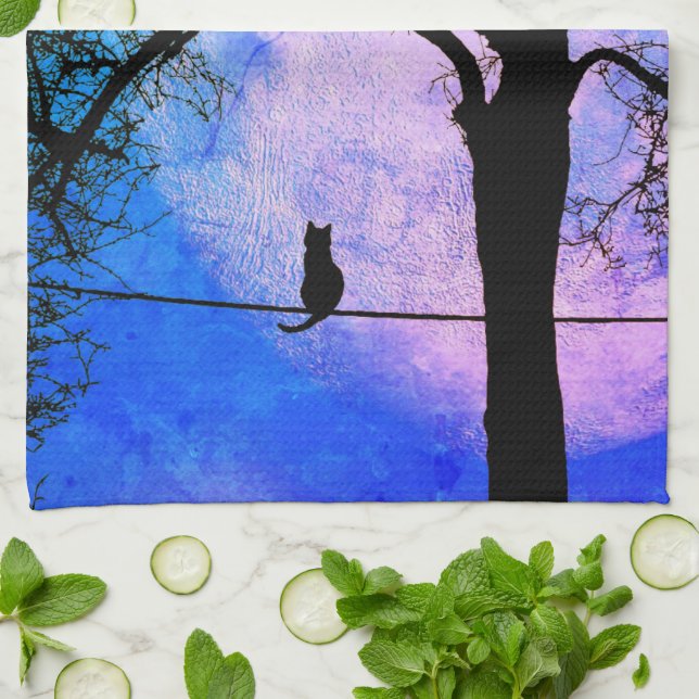 A Black Cat on a Wire Full Moon Tea Towel (Folded)