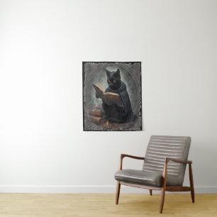 A Black Cat Wearing A Cloak Studying Halloween Tapestry