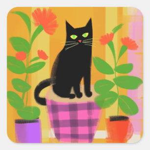 A Black Cat With Houseplants Pink Purple Seat Square Sticker